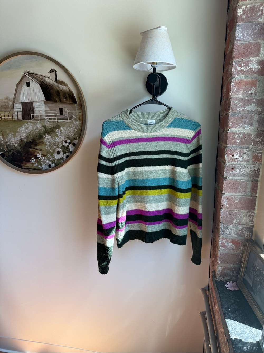 a new day Striped Crewneck Sweater in Teal, Purple, Yellow, Black, Cream